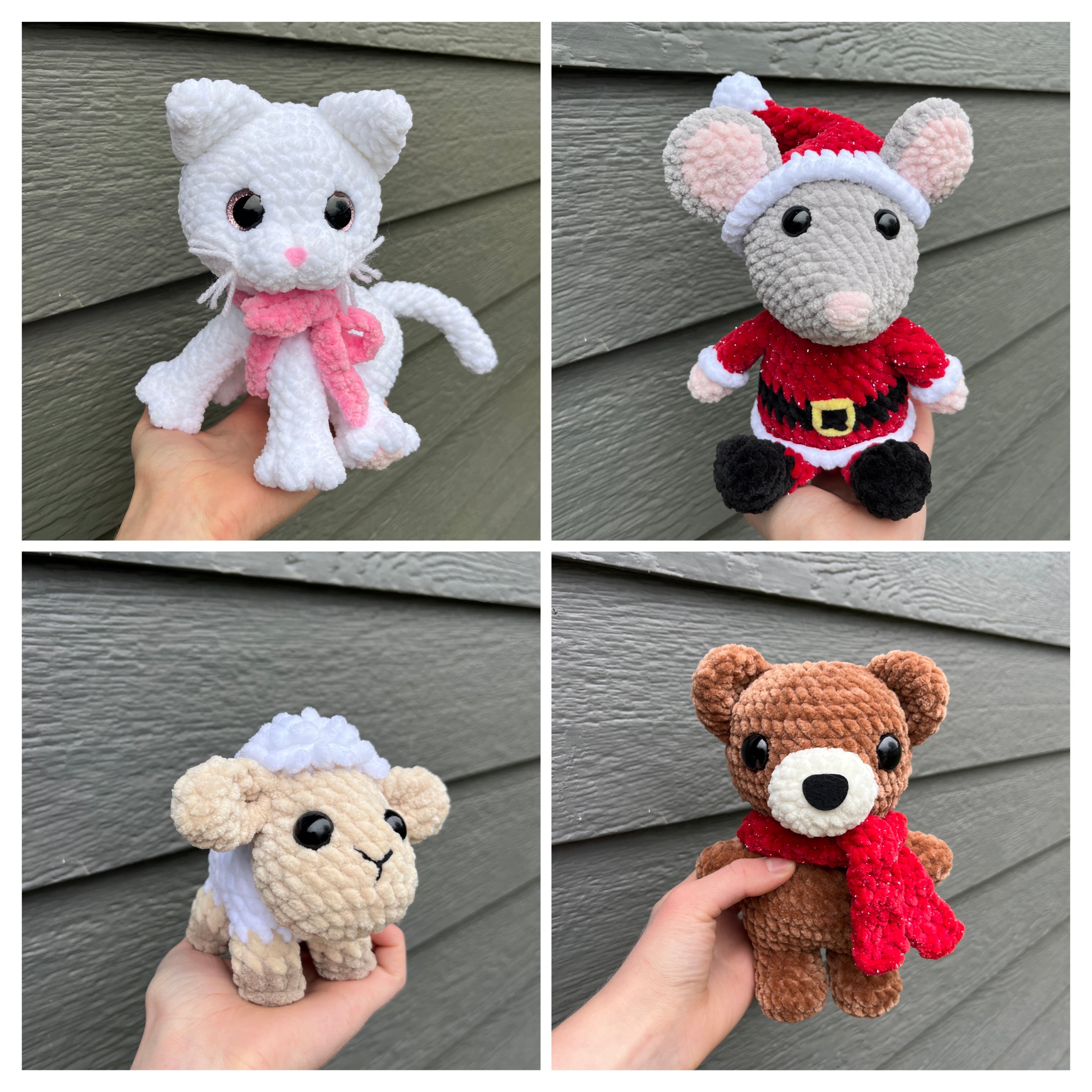 Christmas Bear, Santa Mouse, White Kitty with a Pink Bow, and a Little Sheep